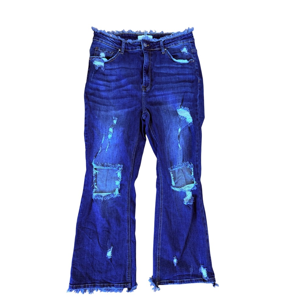 Risen Jeans XRDW223 Dark Wash Distressed Frayed Flare Denim 1XL